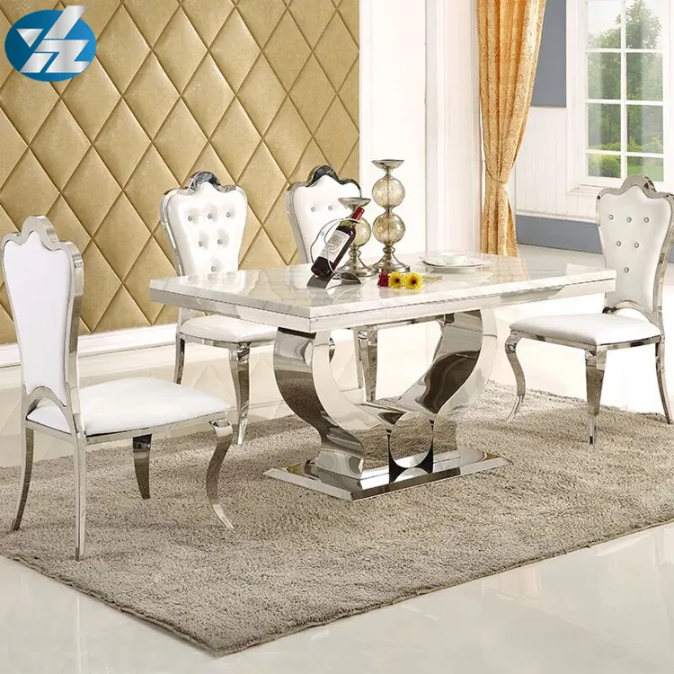 Mobiliário de estilo americano, mesa de jantar em aço inoxidável e cadeira conjunto casa móveis mármore mesa de jantar moderno retangular 10 peças