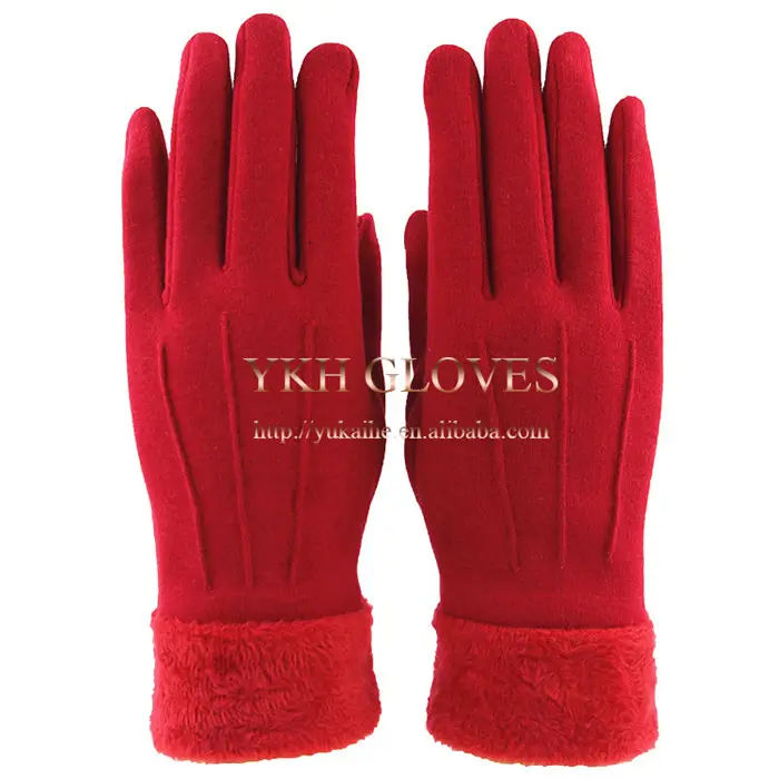 Winter Velvet Cotton Fleece Red Gloves With Fur Cuff