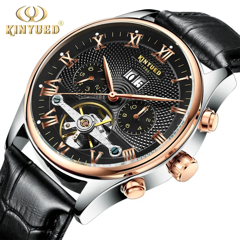 KINYUED — montre-bracelet cuir pour hommes, accessoire de mode, automatique et mécanique, à Tourbillon, décontracté, 12 heures, J012