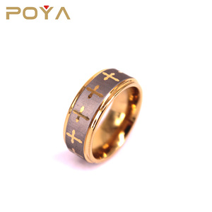POYA Jewelry 8毫米复古风格激光十字戒指设计玫瑰金镀金钨订婚结婚戒指，适合女孩和男孩