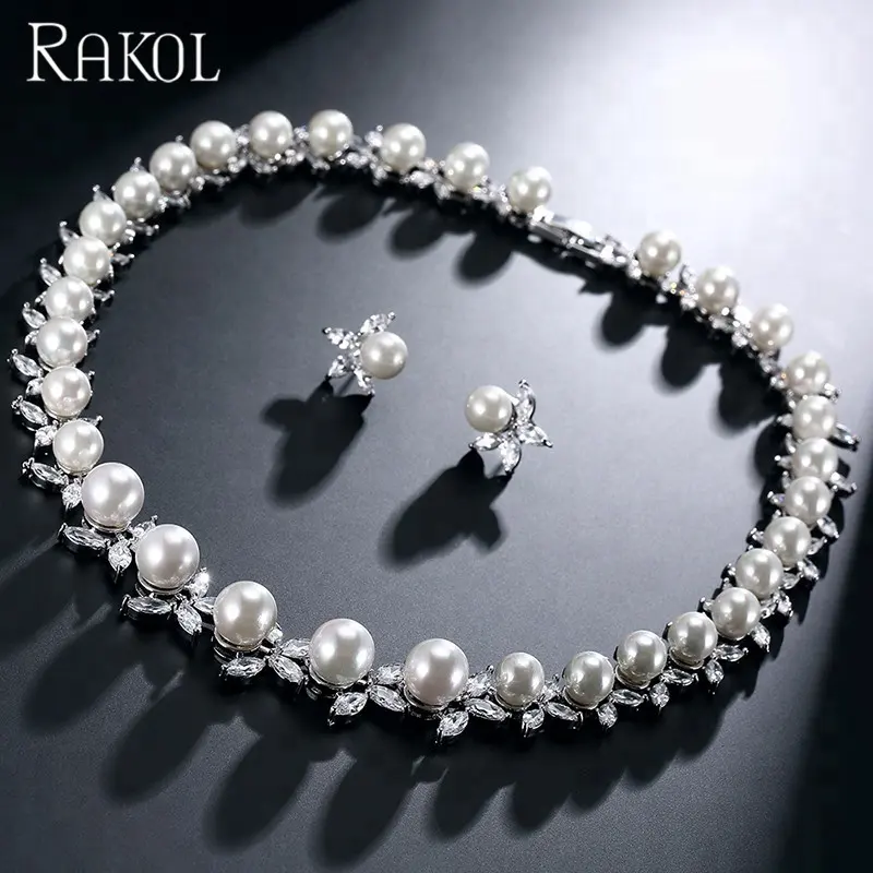 RAKOL SP030 perla bianca con AAA zircone diamante CZ collana orecchini set di gioielli da sposa dubai donne set di gioielli in argento di lusso