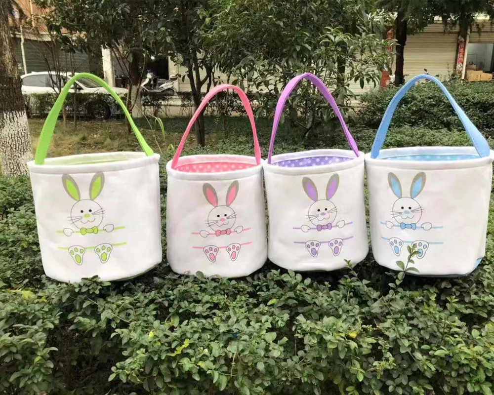 थोक 2021 गर्म बिक्री बच्चों कैंडी अंडा खरगोश ईस्टर उपहार बैग उच्च गुणवत्ता 4 रंग कपास कैनवास बनी प्रिंट ईस्टर टोकरी