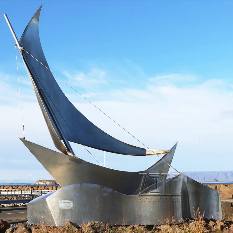 Outdoor große moderne kunst nautischen statue edelstahl segelboot skulptur