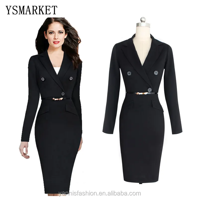 Plus Size Suit Dress Fashion Long Sleeve Solid Color Notched Sheath Dress WomenのWork Office Business Pencil Dress EK69