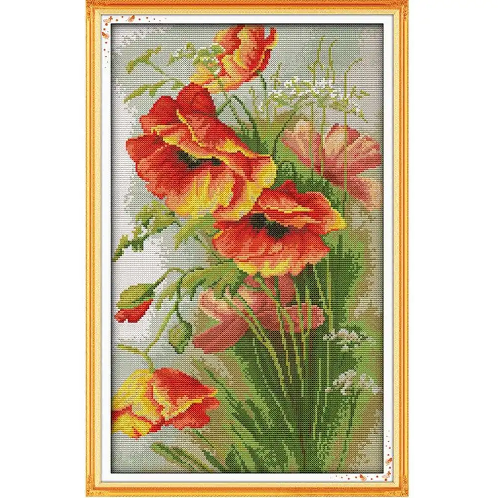 Cucito FAI DA TE A Punto Croce Set Kit di Ricamo di Fiori di Papavero Modello Contato Punto Croce Della Casa Della Parete Decro 14CT 35*52 centimetri