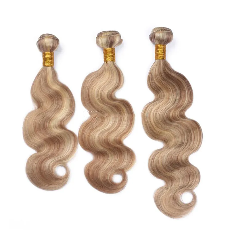 Необработанные индийские человеческие волосы Remy, наращивание, натуральные волнистые волосы, 27/613 медовый блонд, выделенные смешанные цвета, пучки волос