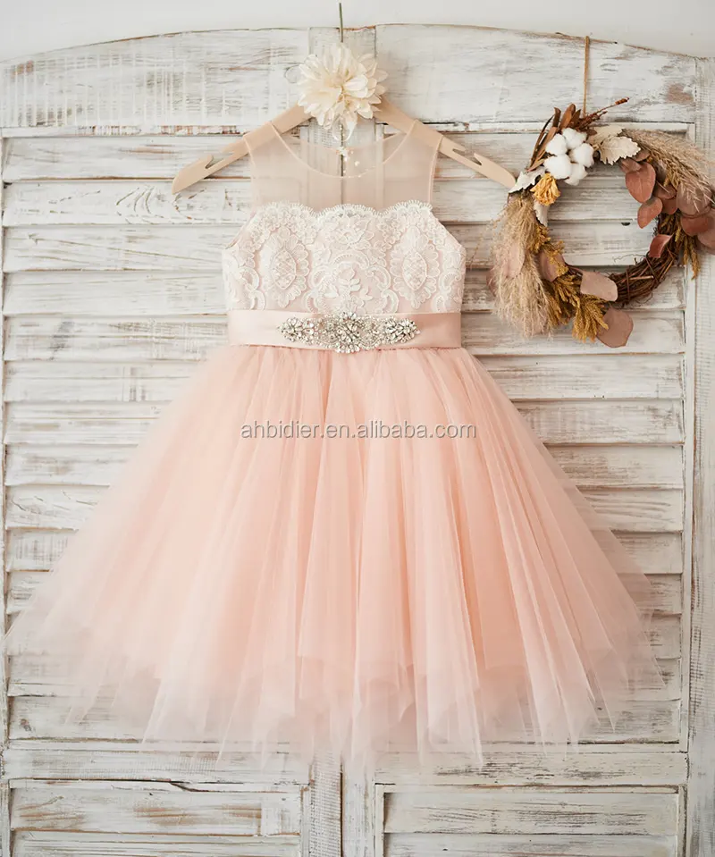 Vestido de encaje de marfil con cinturón de cristal para niña, vestido de princesa para fiesta de cumpleaños, color rosa melocotón