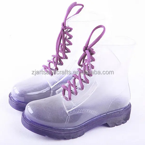 2014 venta al por mayor púrpura transparente de moda Botas de lluvia de pvc martin tobillo bota de lluvia de plástico de arranque