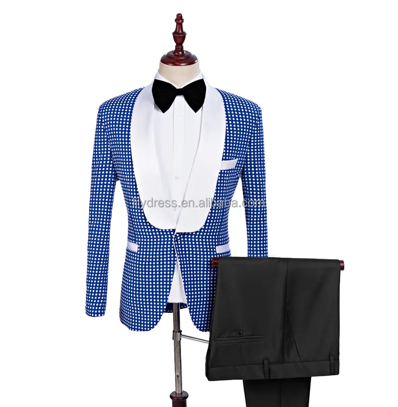 Nuovo arrivo scialle bianco risvolto smoking dello sposo blu Royal abiti da sposa da uomo con pantaloni neri Best Man Blazer (giacca + pantaloni + papillon)