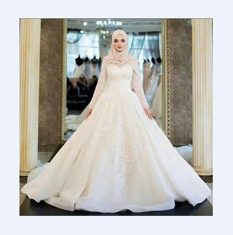 Robe de mariée de luxe arabe avec voile, grande taille, tenue musulmane