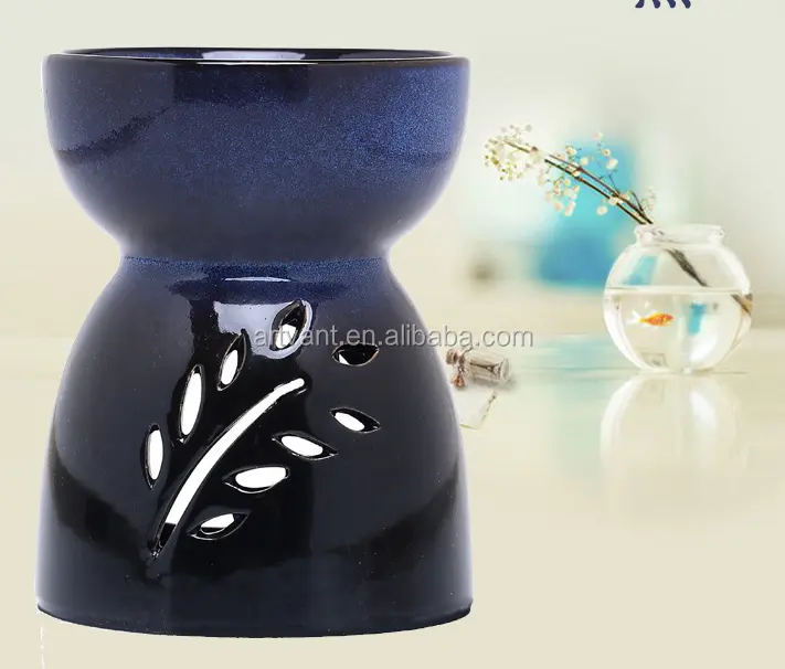 Quemador de aceite esencial de cerámica azul, tallado de hojas clásico, vela, horno de aromaterapia, quemador de incienso