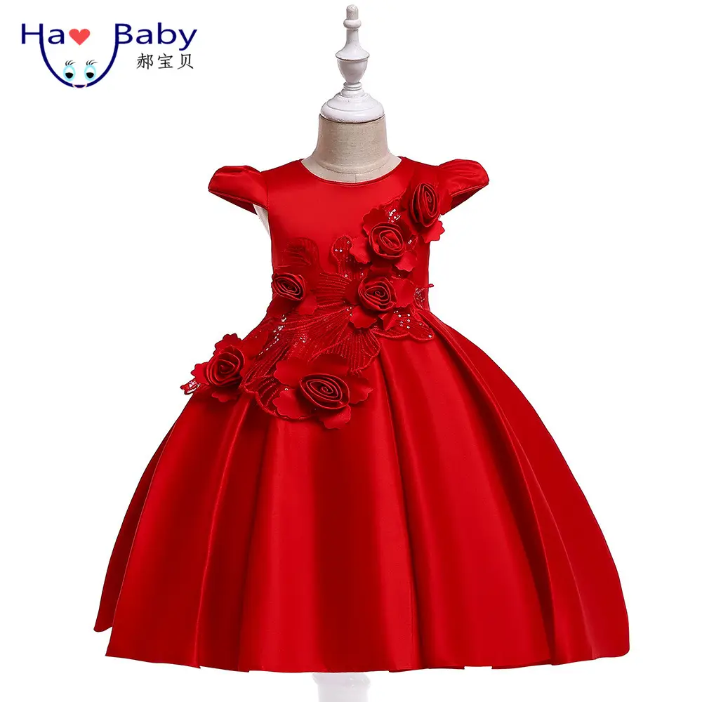 Hao Baby-vestido de princesa de flores de rosa de satén para niñas, ropa de boda mullida para niñas