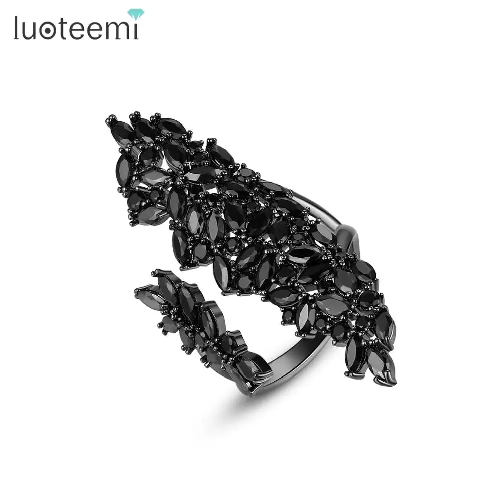 LUOTEEMI विंटेज जेड के छल्ले गहने महिलाओं के काले CZ पत्थर काले रोडियाम चढ़ाना बड़ा फूल अंगूठी