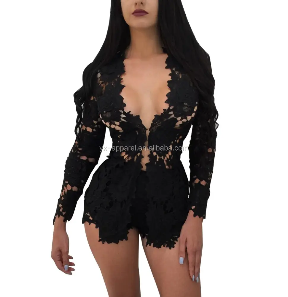 Kadınlar uzun kollu açık ön çiçek dantel 2 parça see through seksi akşam kulübü bodycon kısa pantolon romper tulum