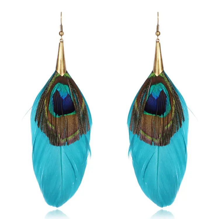 Pendientes largos de plumas de pavo real azul de joyería a la moda