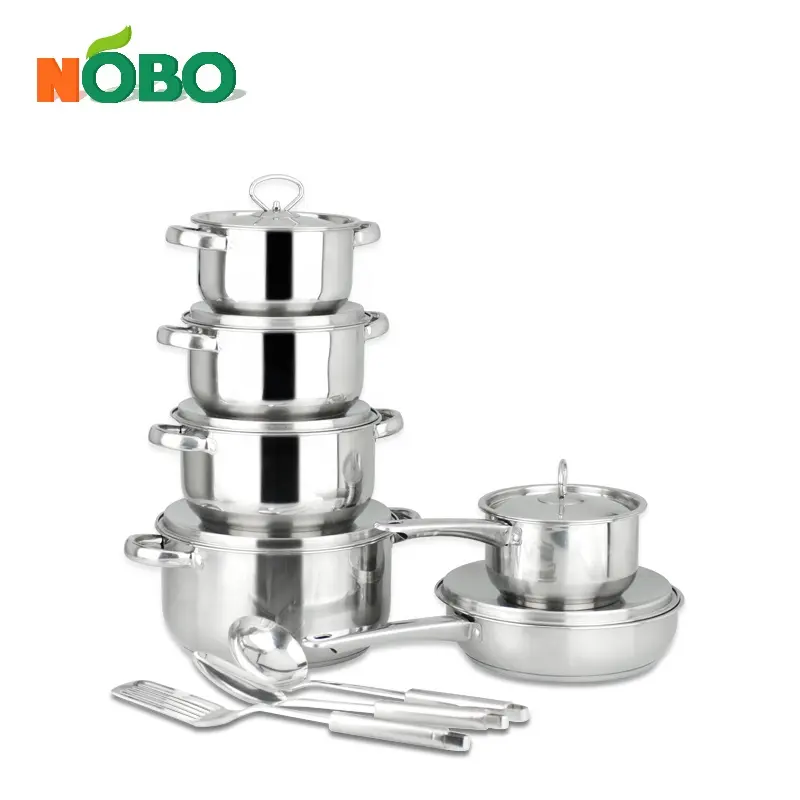 15-pieza duradera hogar olla de cocina conjunto de acero inoxidable olla de utensilios de cocina conjunto con doble fondo