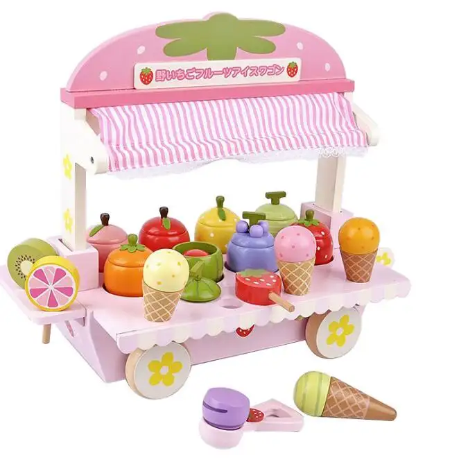 Nuevo diseño del bebé helado Carro de juguete de madera de cocina de helado de fresa, carros
