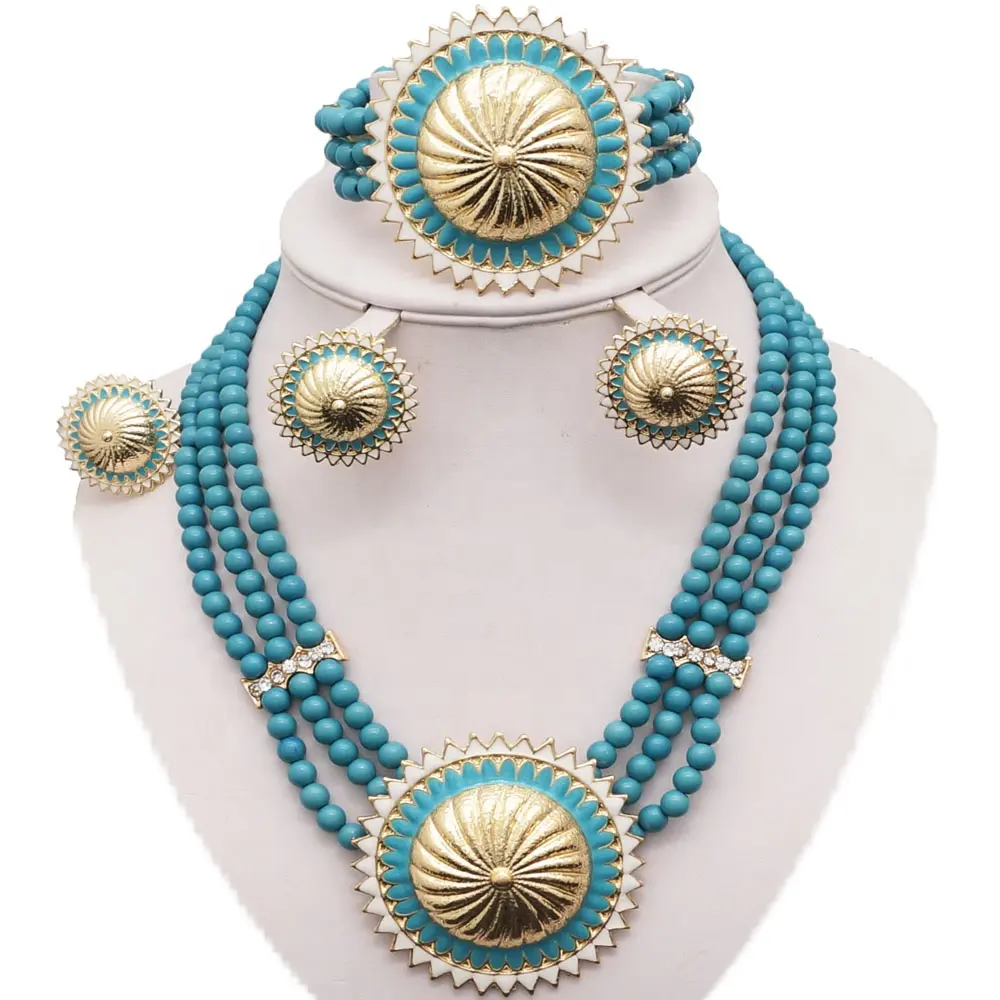 Guangzhou, conjuntos de joyas africanas exclusivas, cuentas azules de agua nigerianas, conjunto de collar grueso con estilo para mujeres EJ18-7