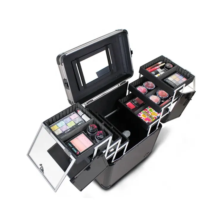 Trousse de beauté Portable à roulettes de conception professionnelle, Kit d'outils de maquillage en aluminium avec chariot