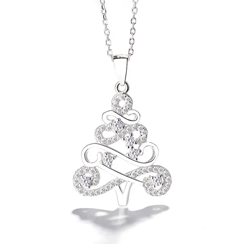 925 Sterling Silver Jewelry Cubic Zirconia New Year Christmas Tree Pendant Necklace