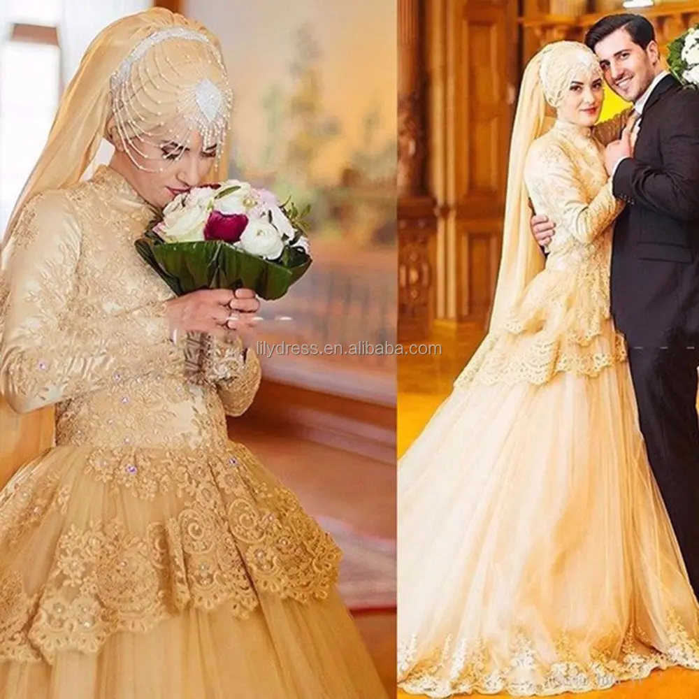 Ne266 vestido de noiva gola alta de renda, luxuoso, mangas compridas, corte, vestido de noiva mais recente mideast, champagne, árabe, vestido de casamento