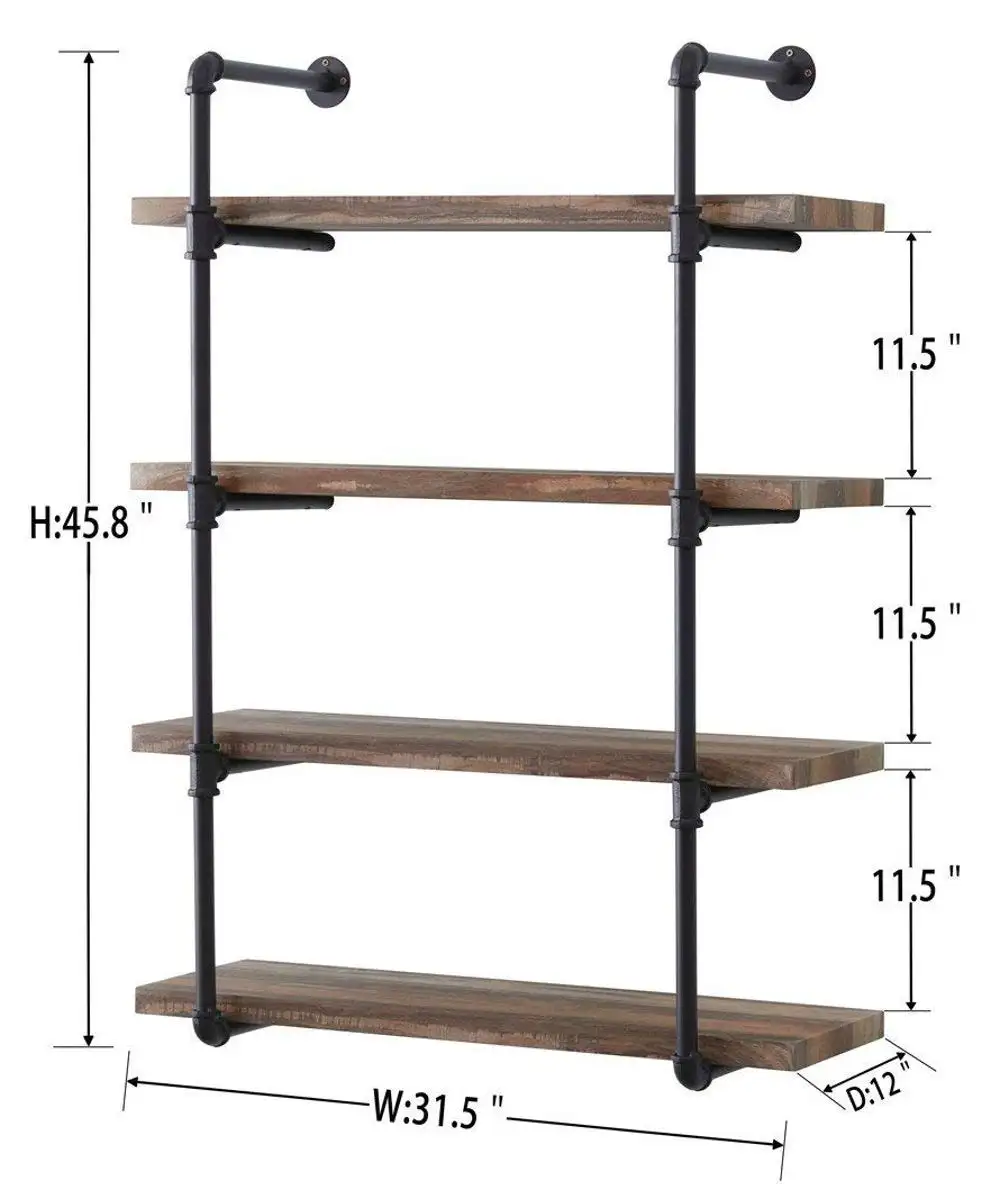 Estante rústica de 4 prateleira, estante decorativa de metal do livro da parede para decoração de casa