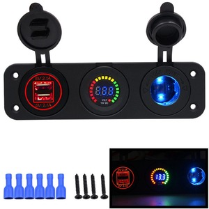12V 3 in 1デュアルUSB充電器 + 電圧計 + 12Vソケット + 3穴パネルマリンカーボートブルー