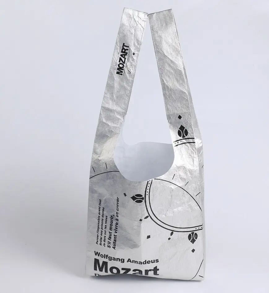 Bolsa de papel de compras con impresión personalizada, color plateado, diseño de camiseta, dupont tyvek