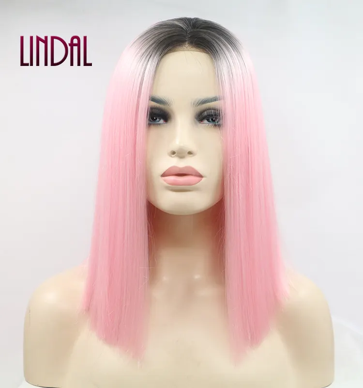 Lindal peruca cabelo sintético, bob seda reto ombré com ombré colorido dois tons rosa branco