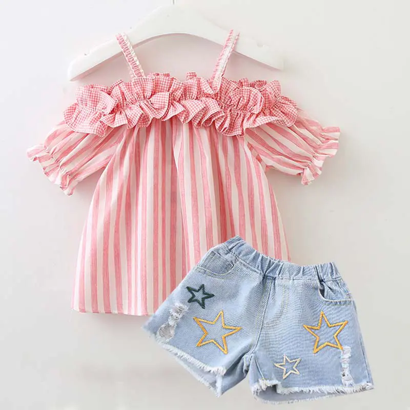 Stripe t shirt e calças de brim da estrela algodão 2pcs conjunto bebê meninas roupa dos miúdos