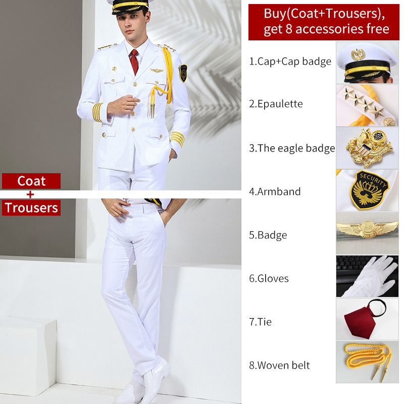 Costume uniforme blanc + casquette blanche + badge 1 + 6 accessoires