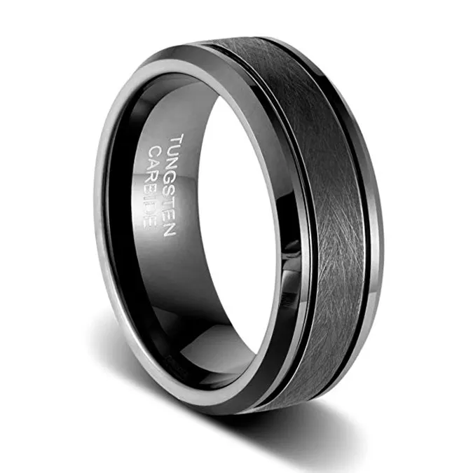 Tungsteno Produttore di Gioielli 8mm Spazzolato Finitura Nero Tungsteno Anello per Gli Uomini e Le Donne