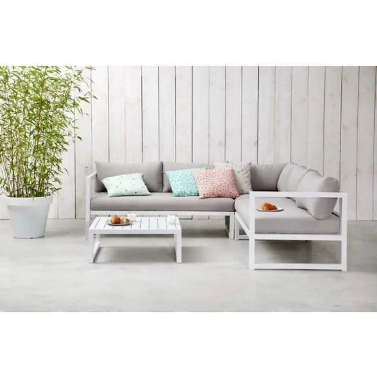 Conjunto de sofá de pátio branco em forma de l, pequeno conjunto de sofá de canto de alumínio com jardim de metal