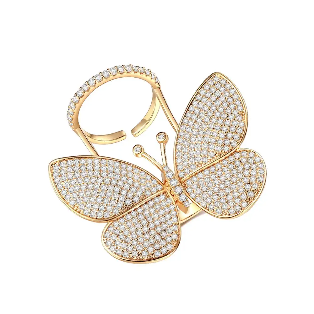 LUOTEEMI placcato oro regolabile donna coreana accessorio fascino diamante nero moda 4A Cubic Zirconia Cz anello a farfalla