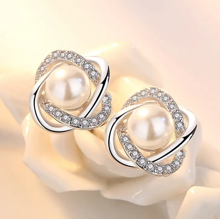 Perhiasan Wanita Kristal, Mutiara, Anting-Anting Pilin, 925 Perak Murni