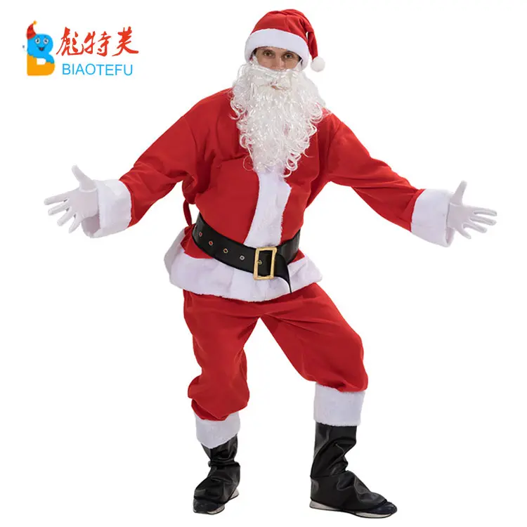 Качественные рождественские плюшевые рождественские праздничные мужские костюмы большого размера с Санта-Клаусом бархатные костюмы для косплея