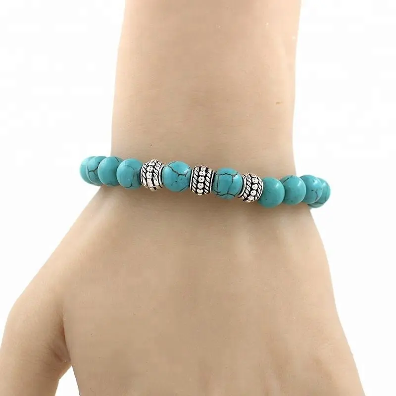 Pulsera elástica de piedra real, joyería india Turquesa