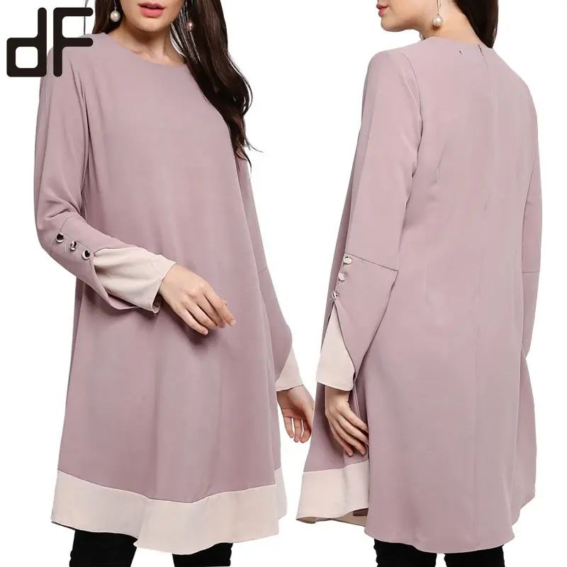 Pakaian Islami Kustom Wanita Muslim Polos Dusty Pink 100% Poliester Muslimah Baju Panjang Desain Blus