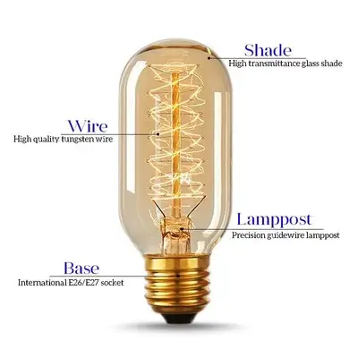 Edison vintage bombillas de luz de estilo T45 forma de tubo de 40w de vidrio ámbar bombilla de edison