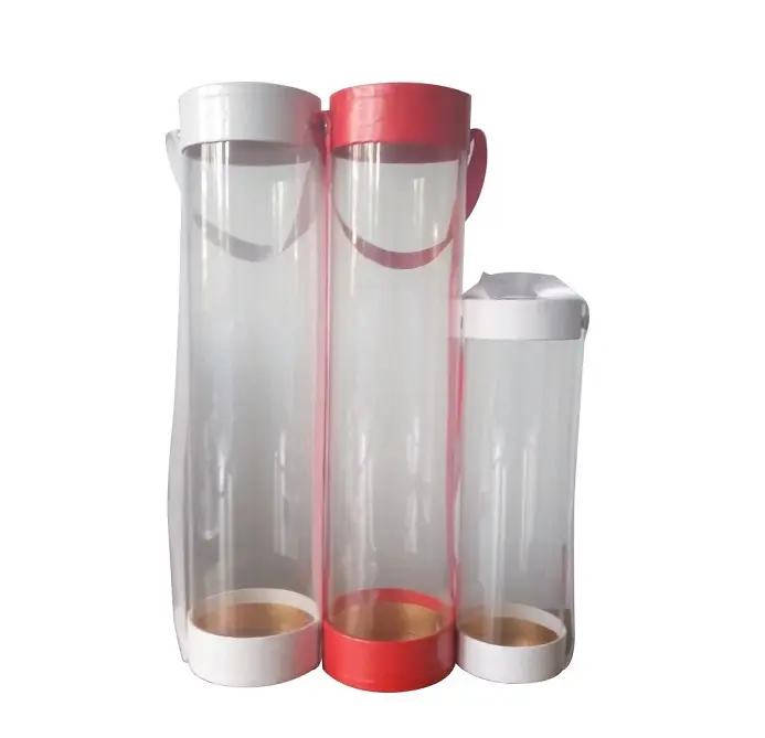 Caja de cilindro transparente con asa de cinta de tubo de PVC, personalizada, con tapa superior e inferior de cartón de papel