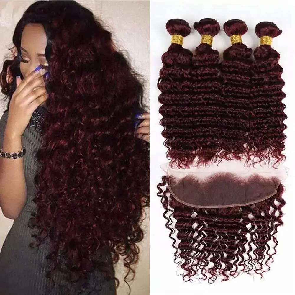 Burgundy Deep Wave Brazilian Virgin Hair Weave With 13*4 Lace Frontal Closure #99J Wine Red Deep Curly