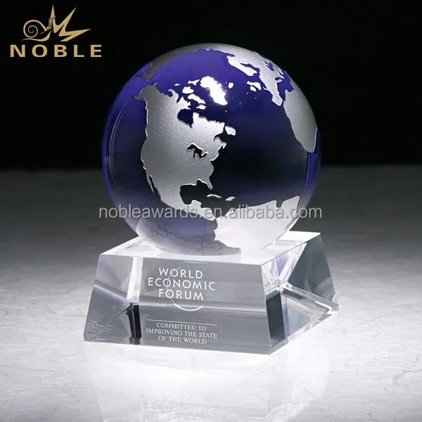 Wholesale Glass Crystal Blue Globe Award Trophy With Clear Base