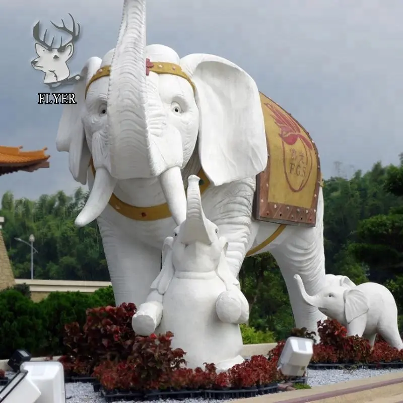 Outdoor decoration large nature white marble elephant statues with babies