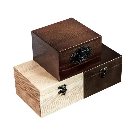 Boîte de rangement en bois de pin, personnalisée, vente en gros, coffret cadeau avec serrures