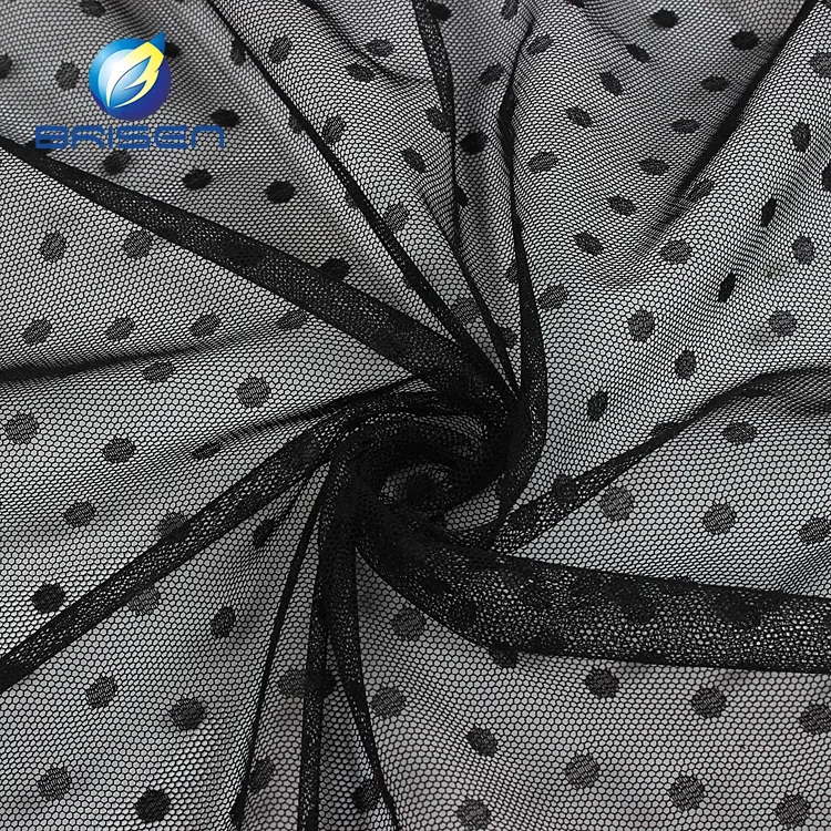 Moda 40D Dobby Flock Black Dot Dress tessuti in Tulle di poliestere