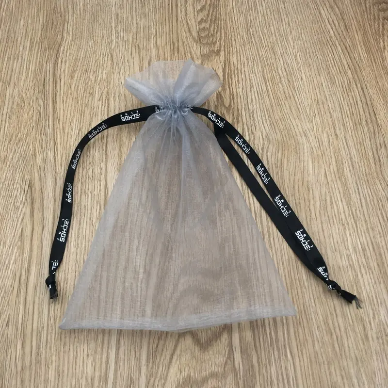 Bolsa de organização de cordão de prata, saco de embalagem personalizada da organza com fita impressa