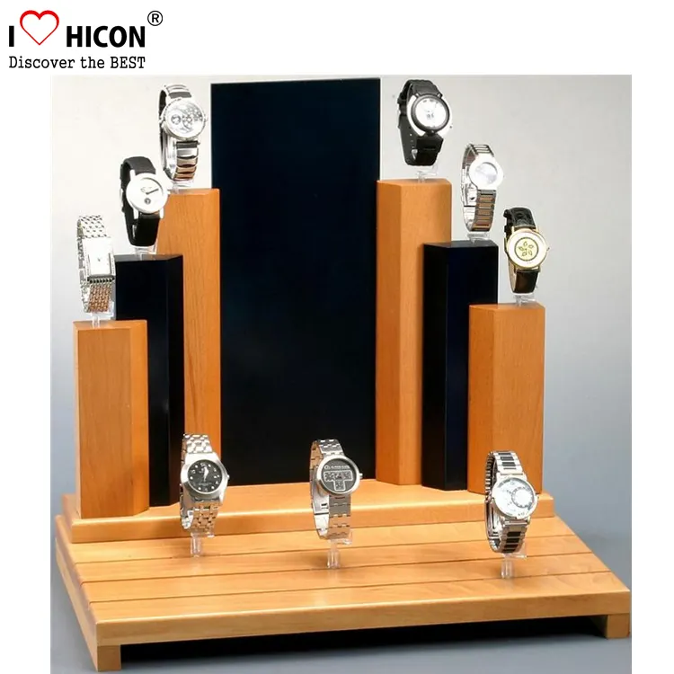 Soporte de exhibición de reloj de pulsera de publicidad de madera de pared de mostrador personalizado de tienda de venta al por menor de marca
