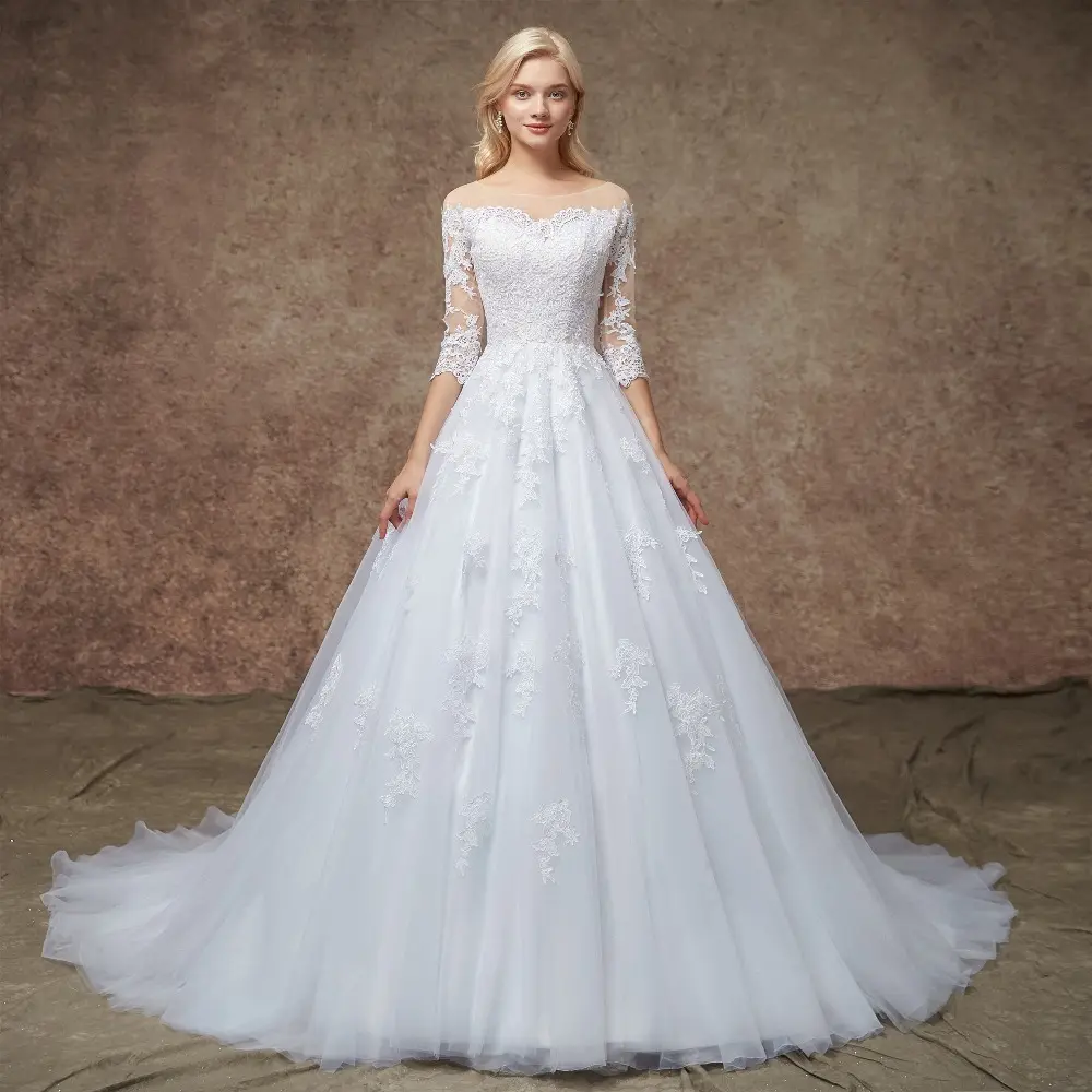 FA127 Vesido De Novia Wedding Dresses 2022 Three Quarter Sleeves Tulle Appliqued Vintage Court Train Mariage Bridal Dress