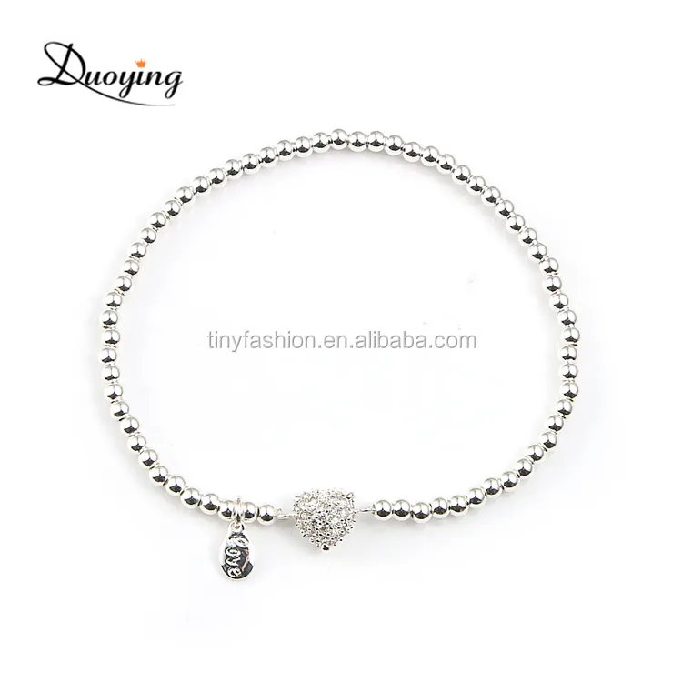 Braccialetto da 3mm con perline a fascia con Micro-pavé di gioielli con ciondolo a forma di cuore alla moda bracciale con perline in argento con borchie di diamanti