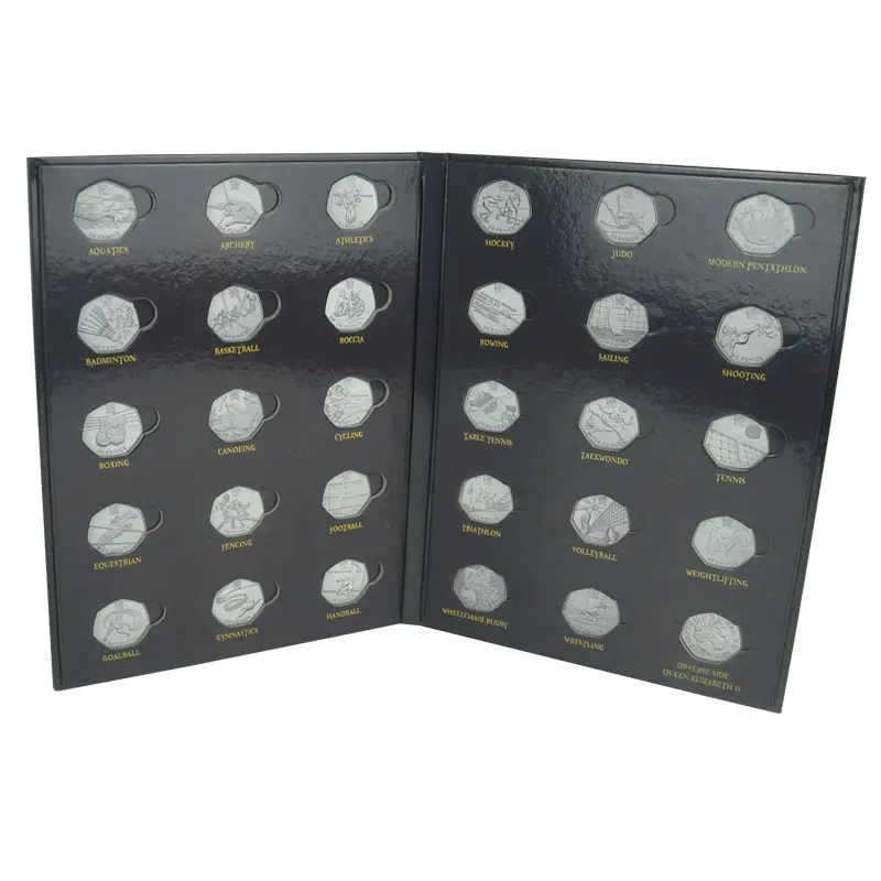 Özelleştirilmiş yüksek kaliteli londra 2012 Euro para toplama karton albümü tutucu Diecut ile delik ve parlak laminasyon